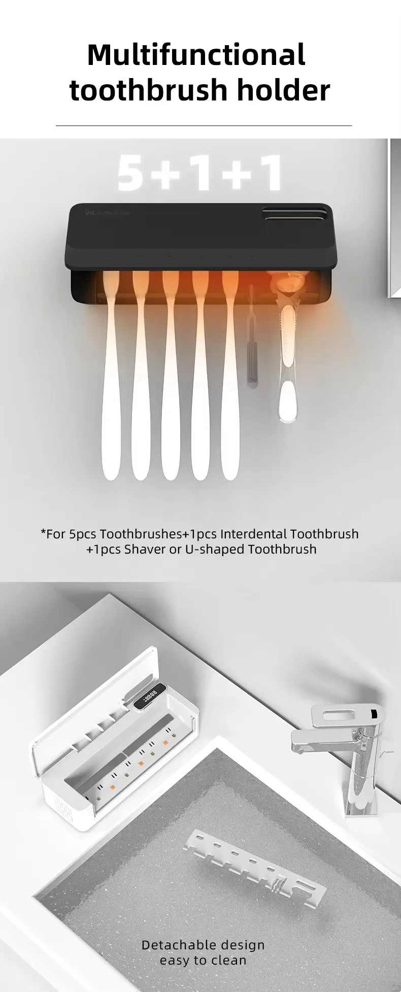 New UVC Toothbrush Sterilizer Rapid Warm Air Drying Rechargeable 2-in-1 Razor Toothbrush Storage Sterilizer Holder Wall-Mounted