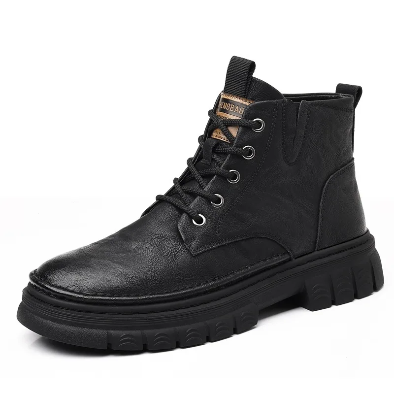 Otoño Invierno botines de cuero de vaca para hombres nuevo diseñador plataforma zapatos de algodón hombre moda Casual botas de trabajo de suela blanda hombre