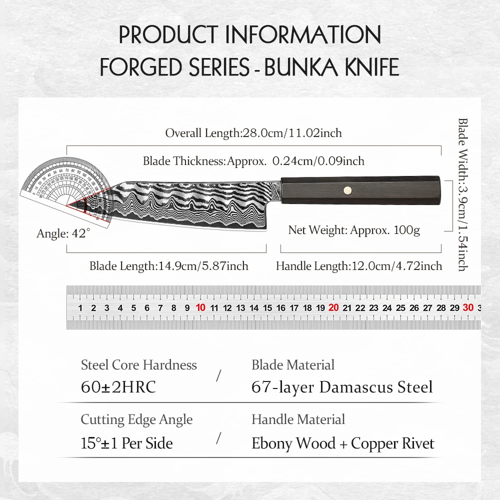 HEZHEN 5.9 Inch Bunka Knife 67‑Layer10Cr15CoMoV Damascus Steel Hand‑Hammered Blade Ergonomic Ebony Handle Kitchen Knives