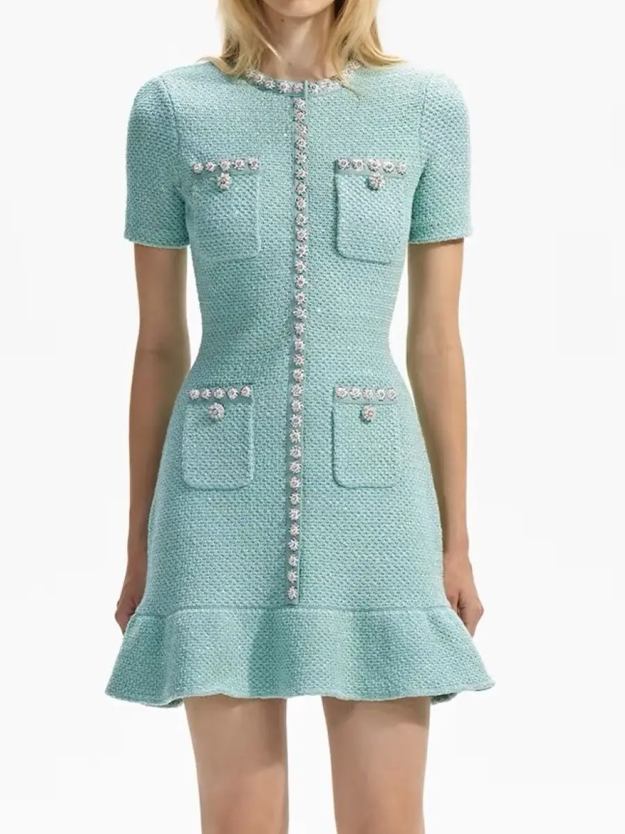 Diamond Buttons Women's Green Knitted Dress Round Neck Short Sleeve Ruffles Stitching Sweet Ladies Mini Robe