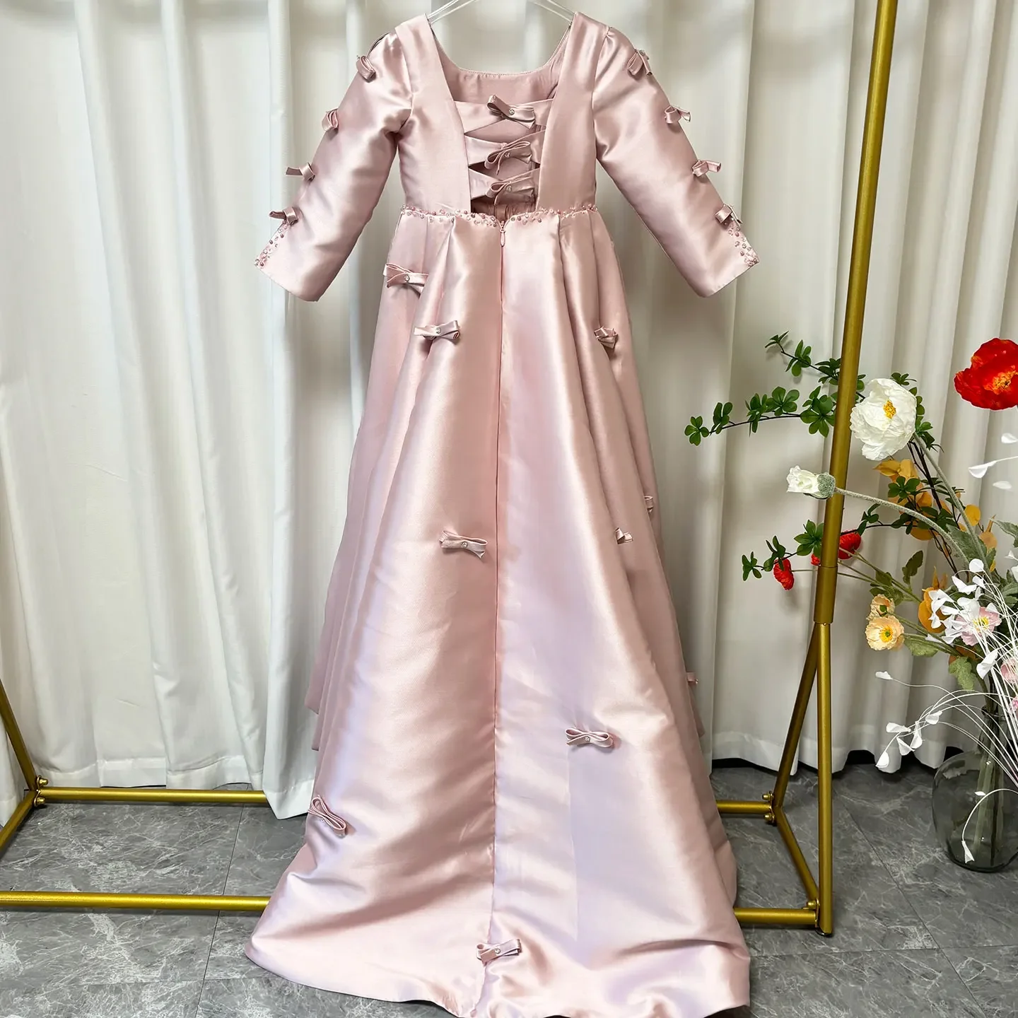 Custom JDY High Square Neck 3/4 Sleeve Bow Satin Trailing Flower Girl Dress Wedding Birthday Pageant Gown فساتين اطفال