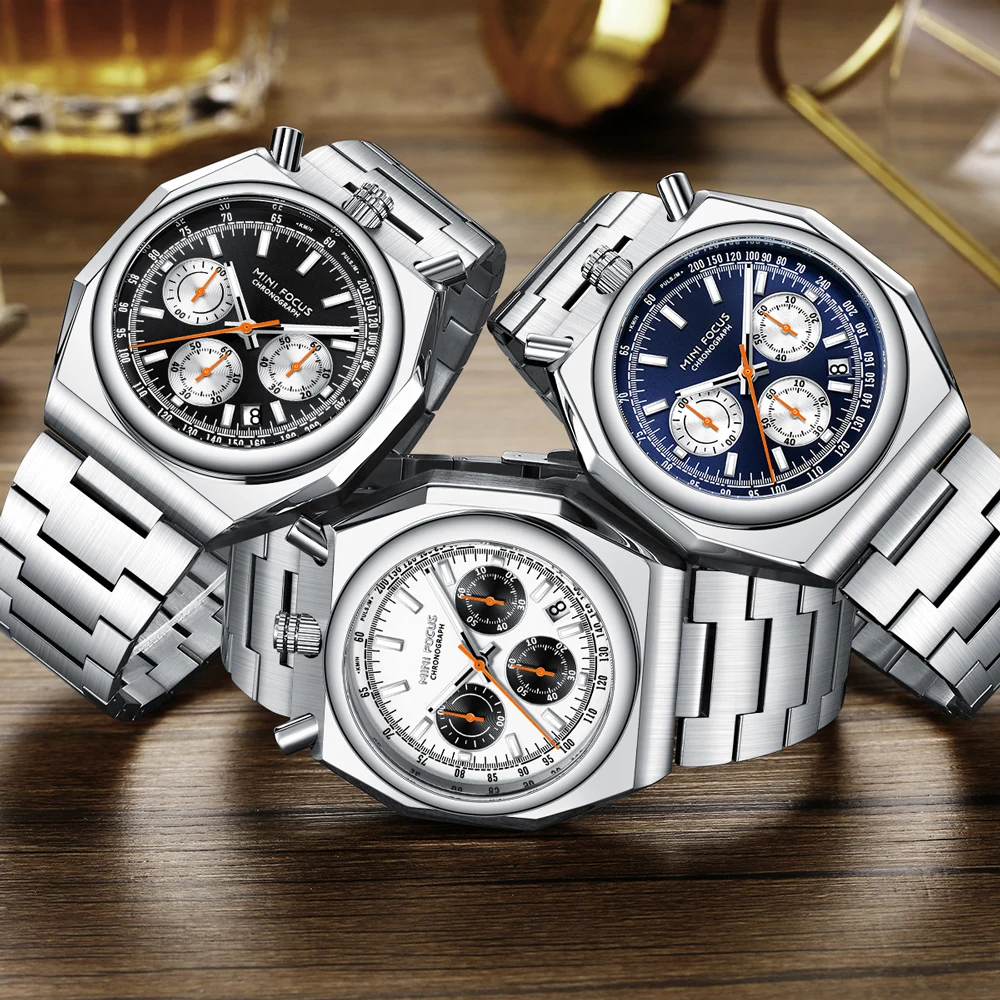 MINI FOCUS البومة على شكل الهاتفي كرونوغراف ساعات كوارتز للرجال التقويم مضيئة متعددة الوظائف سوار فولاذي الثور رئيس ساعة اليد