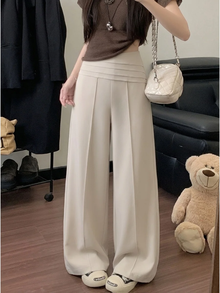 Elegant High Waist Wide Leg Pants Women's Fashionable Three-Layer Pleated Casual Floor-Length Trousers Commute Style Pure Color