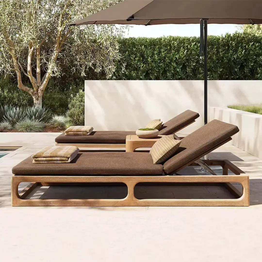 

Foldable Durable Teak Wood Sunbed Modern Moon Chair for Resort Hotel Garden Pool Beach Outdoor Leisure Fabric Lounge Chair