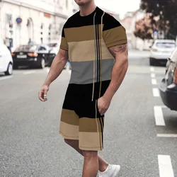 New Summer men's casual short sleeved round neck T-shirt and shorts set, 2-piece men's striped round neck top T-shirt 2024 s-2XL