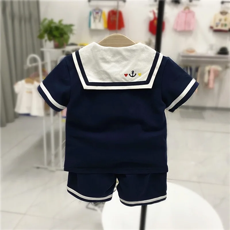 Zomer Nieuwe Kids Sets Tweedelige Broek Met Korte Mouwen Japanse Kinderkleding Nieuwe Marineblauwe Stijl Teddybeer Vest Set