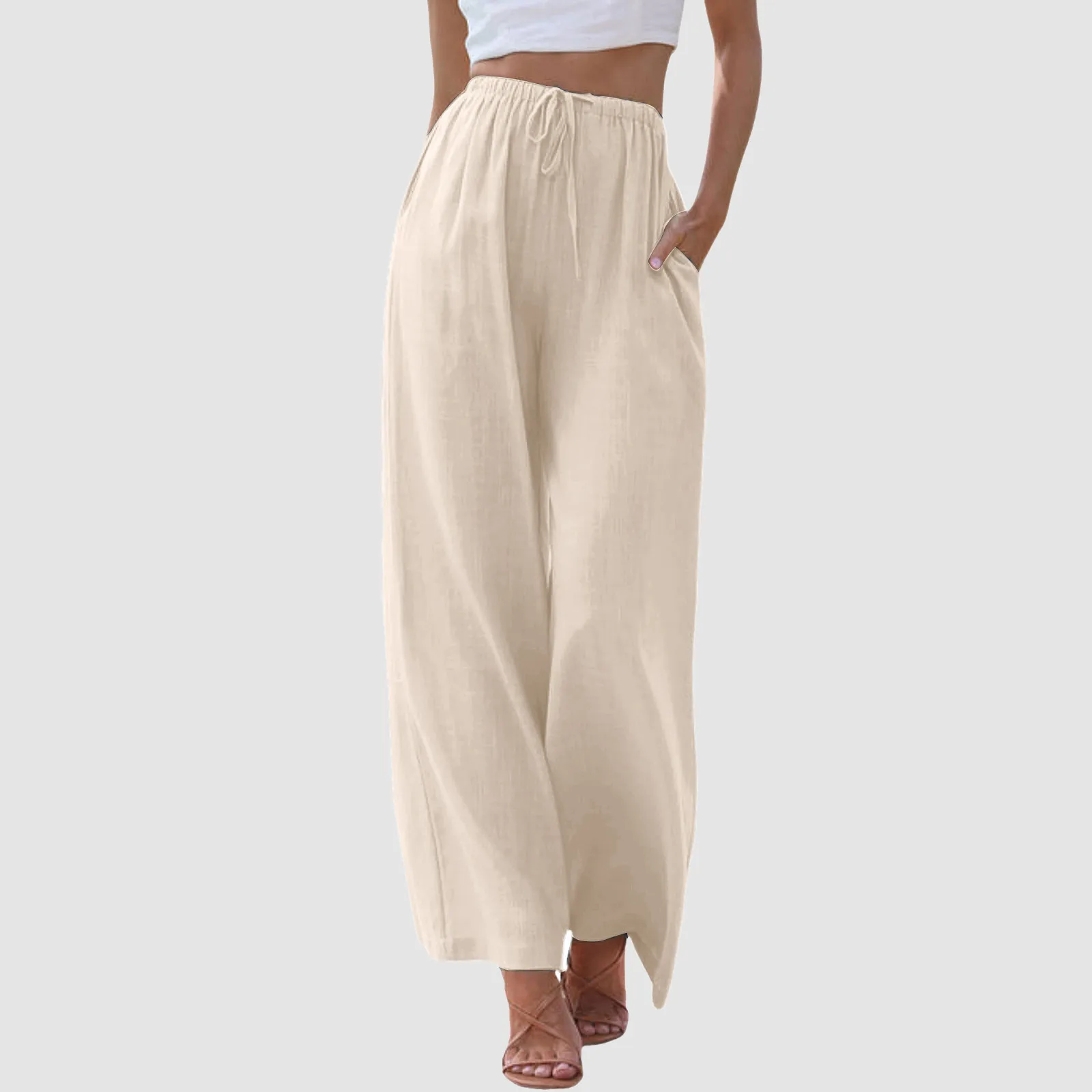 Women High Waisted Wide Leg Pants Drawstring Elastic Trousers Solid Straight Cotton Linen Pants Summer Casual Pants For Women