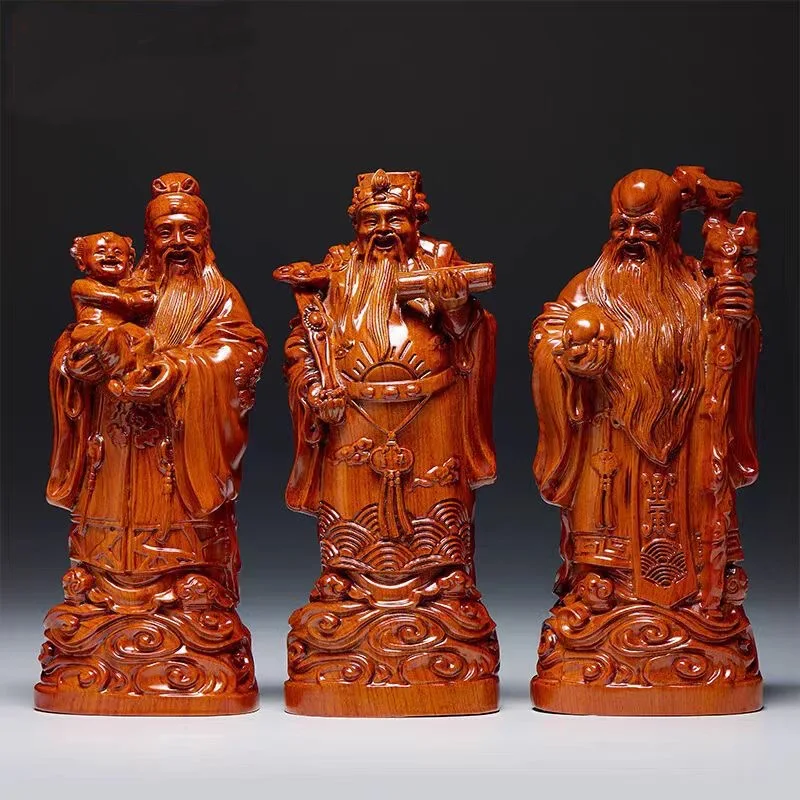 A set 3P FU LU SHOU 3 Gods Asia HOME family Auspicious propitious rosewood carving sculpture bless safe health luck efficacious