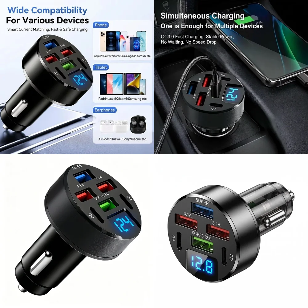 100W 6 Port Car Charger Multi Port with LED Digital Voltage Display QC3.0 PD Fast Charging USB Adapter for iPhone iPad Samsung