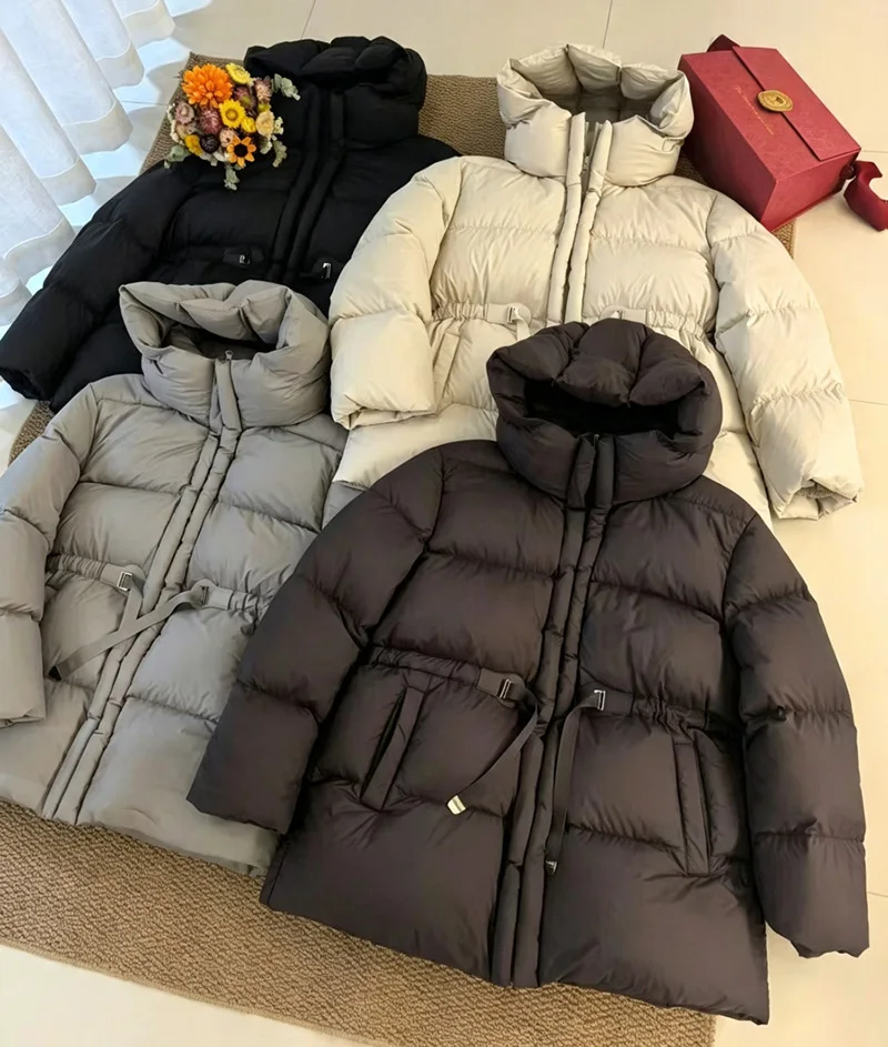 Schinteon Women White Down Jacket with Hood Solid Color Thick Warm Autumn Winter Outwear Parka Drawstring Coat 2026 New Fashion
