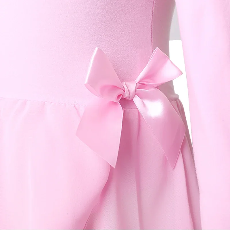 فستان جمباز باليه للبنات مع ربطة شيفون ، ملابس رقص ، ملابس رقص طويلة وقصيرة الأكمام ، ملابس أداء للأطفال