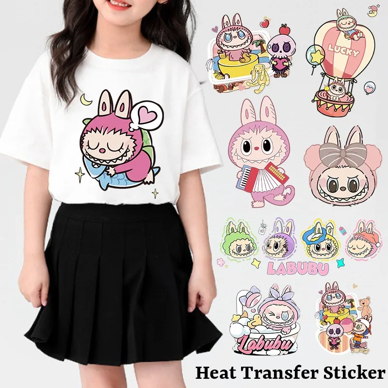 Labubu parches de hierro para niñas, pegatinas bonitas de dibujos animados para camisetas, decoración de Anime, pegatina de transferencia de calor, apliques de ropa, pegatinas DIY, regalos