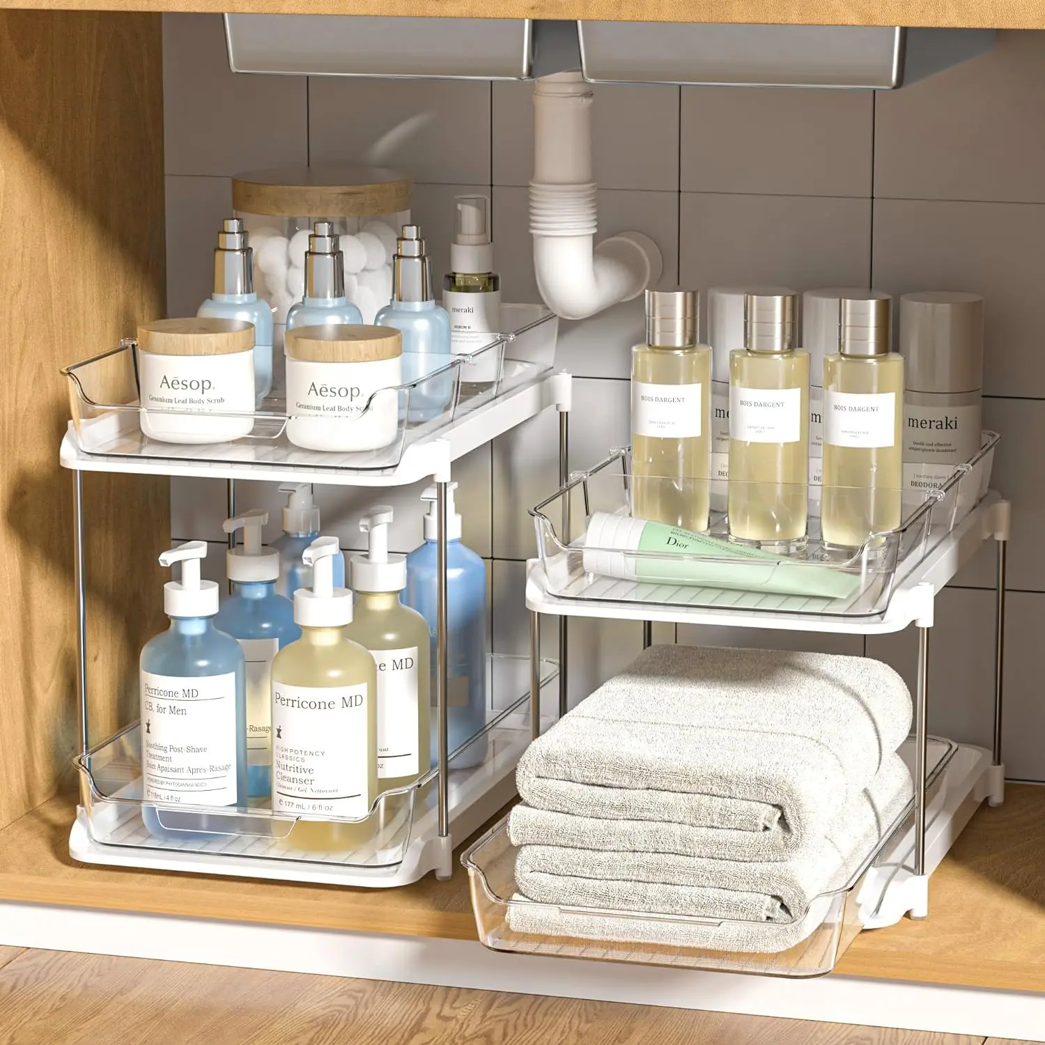 

2 Sets of 2-Tier Multi-Purpose Bathroom Under Sink Organizers and Storage, Stackable Kitchen Pantry Organization,