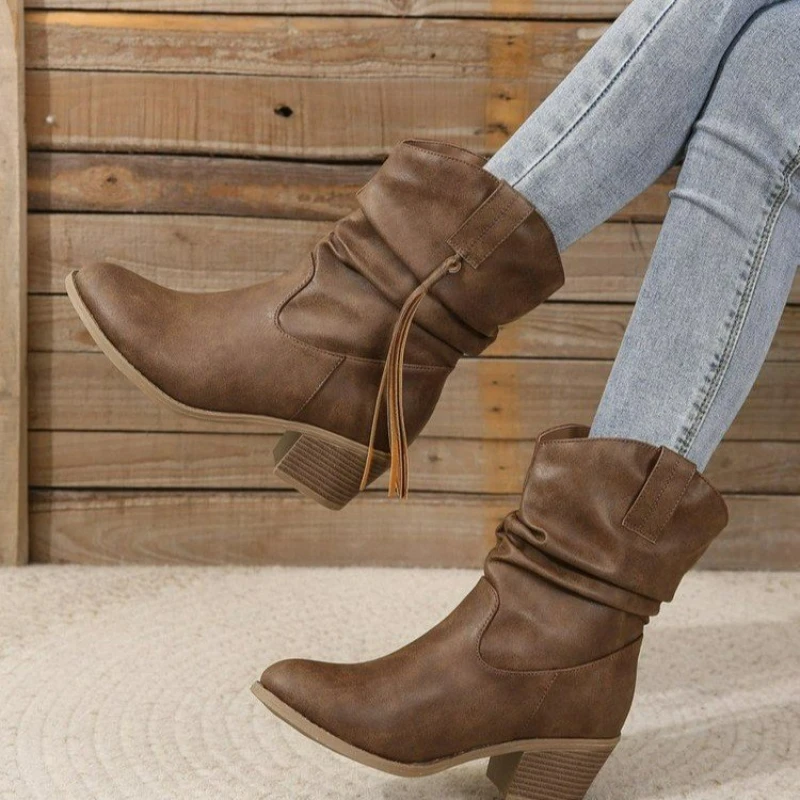 1 Pair Slip-On Chunky Heel Round Toe Elegant Versatile Embroidered Asymmetrical Western Cowgirl Ruched Ankle Boots For Women