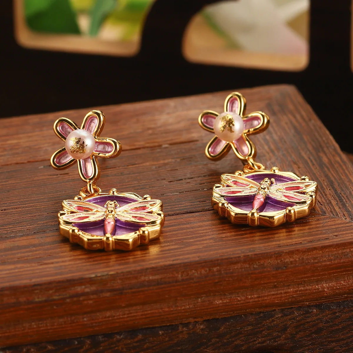 Literary Vintage Style Colorful Drip Glaze Earrings with Picture Frame Flower Design Inlaid Natural Pearl 925 Silver
