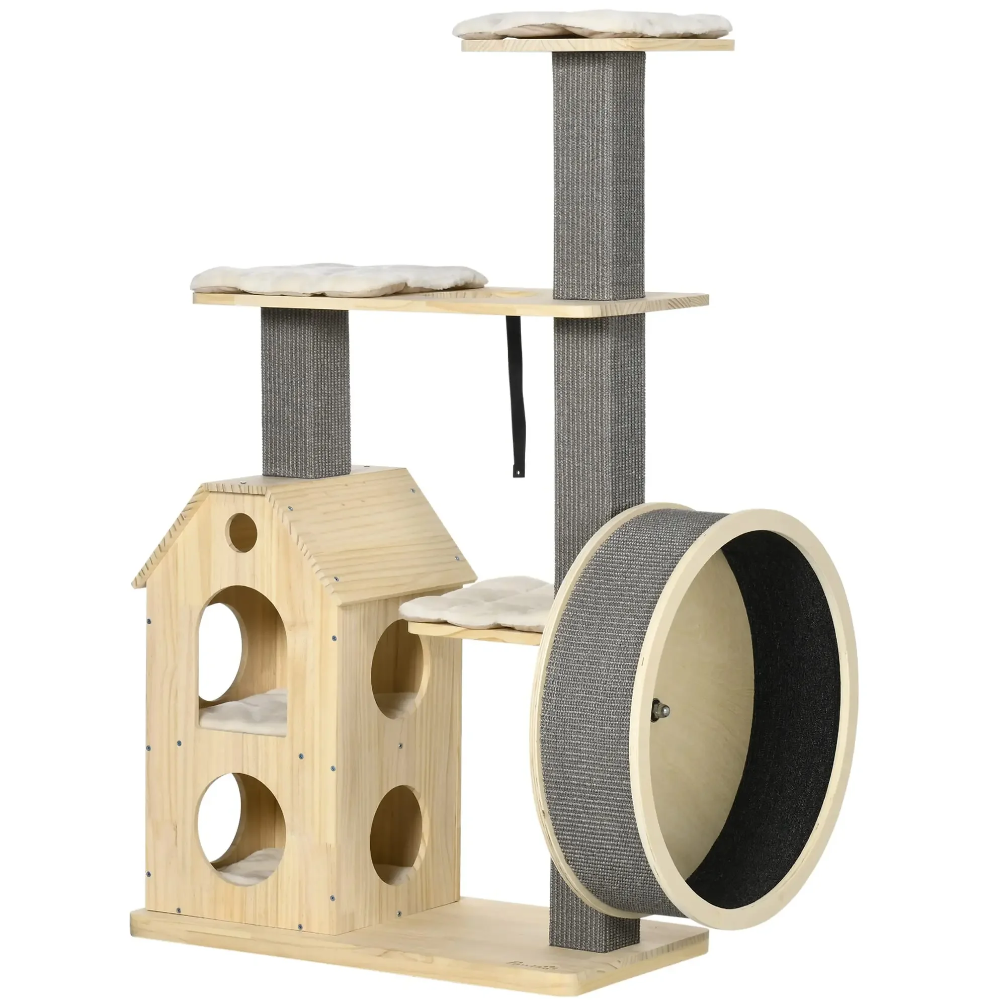 

Indoor Modern Cat Furniture Climbing Double-Layer Cushioned House Tower Wooden Cat Tree with Scratching Posts & Wheel