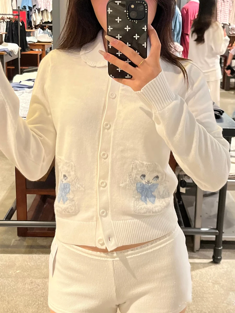 

Жаккардовый вязаный свитер с милым котом, кардиган, женский осенний однобортный укороченный топ с воротником Питера Пэна, милый винтажный тонкий трикотаж, топы