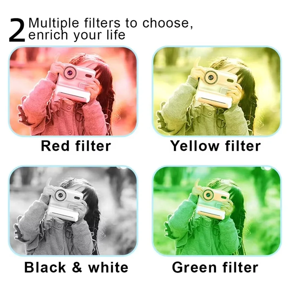 Kids Instant Print Camera 1080P 48MP 2.4 Inch Screen 16X Zoom Children Camera Thermal Printer Portable Travel Selfie Camera Toy