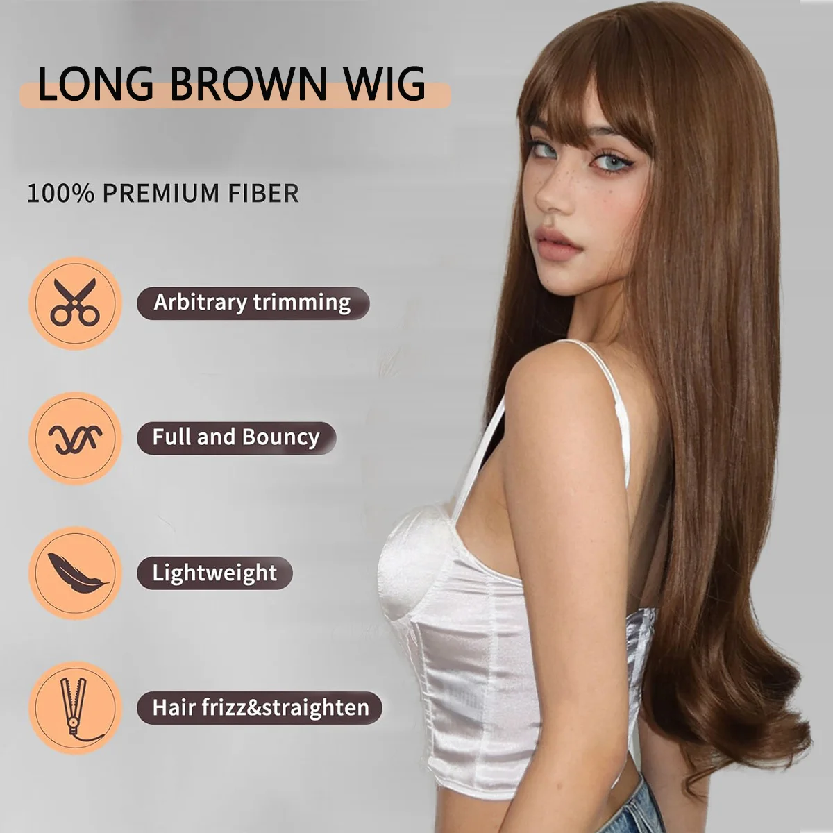 LOUIS FERRE Brown Long Straight Synthetic Wigs for Women Natural Hair With Bangs for Daily Use Cosplay Heat Resistant Fiber Wigs