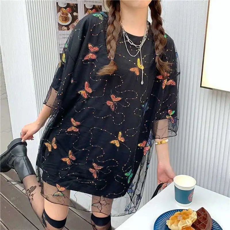 Summer Chic Harajuku Sequin Butterfly Stitching Mesh Top T-shirt Women Casual Streetwear Oversized Long Tshirt Daily Clothes