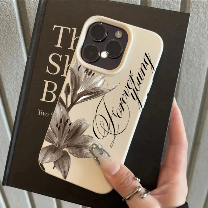 Dark White Lily & English Letter Pattern Design Phone Case For iPhone 18 17 16 15 14 13 12 11 Pro Max Plus Air XS X XR 17E Cover