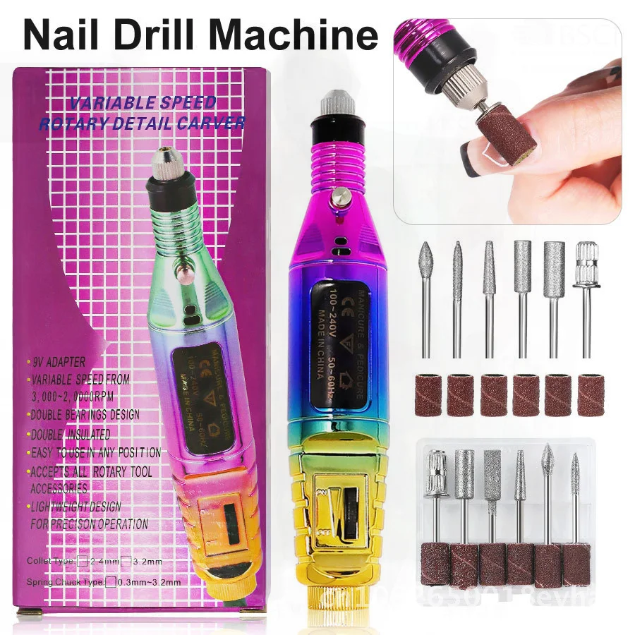 Przenośna elektryczna frezarka do paznokci, narzędzie do manicure, polerka do paznokci, kolorowa nowość, zgodna z normami USA i UE.