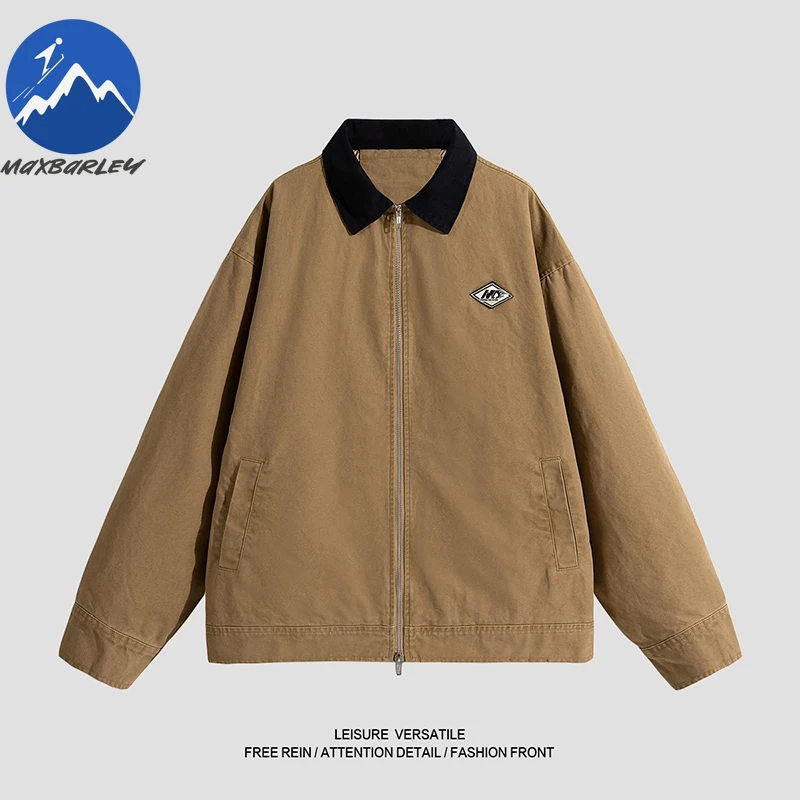 Maxbarley Fashion Windbreaker Jackets Men Autumn New Color Block Pure Cotton Work Jacket Casual Outdoor Hiking Zipper Outerwear