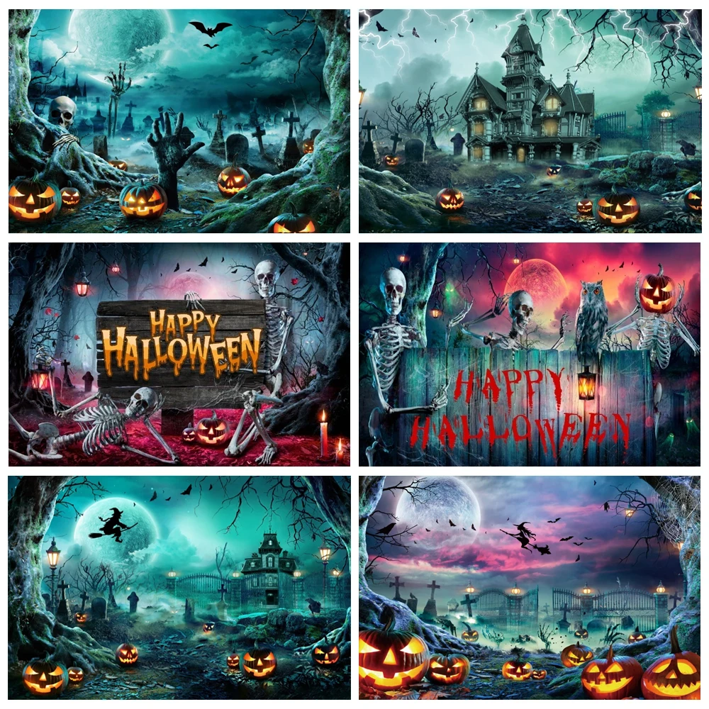 

Halloween Backdrop Horror Night Moon Scary Forest Castle Pumpkin Cemetery Skull Halloween Photography Background Photo Studio