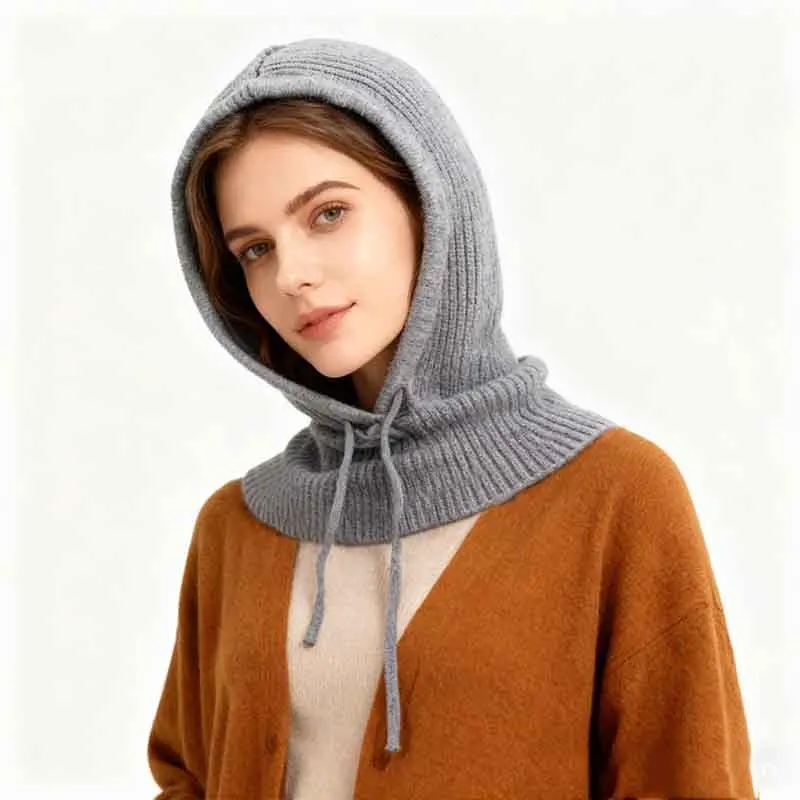 Soft Women Knitted Balaclava Hat Fake Collar Hooded Hat Neck Collar Warmer Beanies Cap Ear Protection Bonnet Hooded Skullies