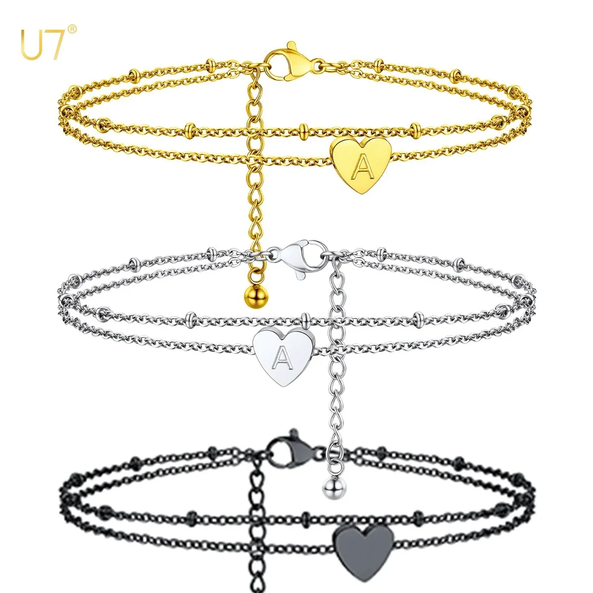 

U7 Initial Letters Heart Anklet for Woman Double Layers Beaded Rolo Chain Long Bracelet Waterproof Stainless Steel Beach Jewelry