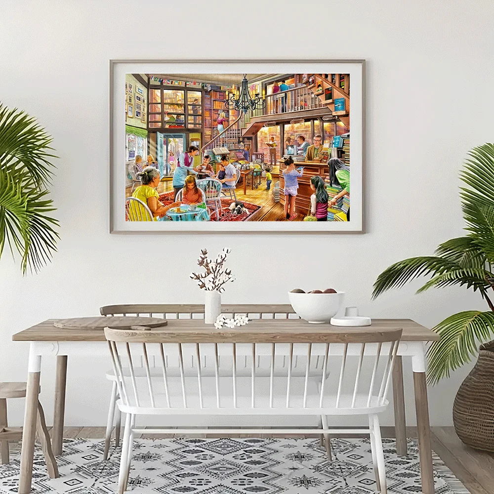 Puzzle per caffè libreria da 1000 pezzi: illustrazione vibrante della libreria accogliente con clienti, scaffali e scale, ideale per adulti e