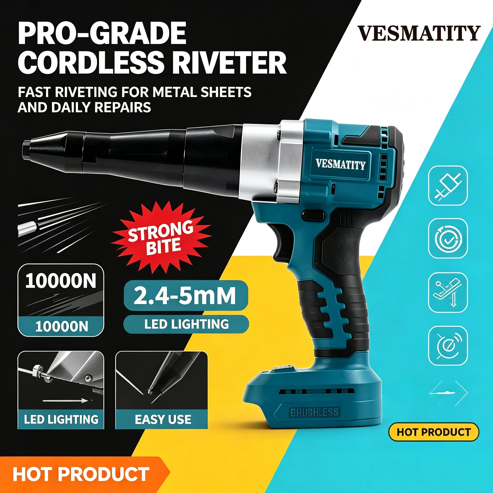 VESMATITY CElectric Rivet Cordless Multifunctional Rivet Nut Gun Automatic Riveting Brushless Tool For Makita 18V Battery