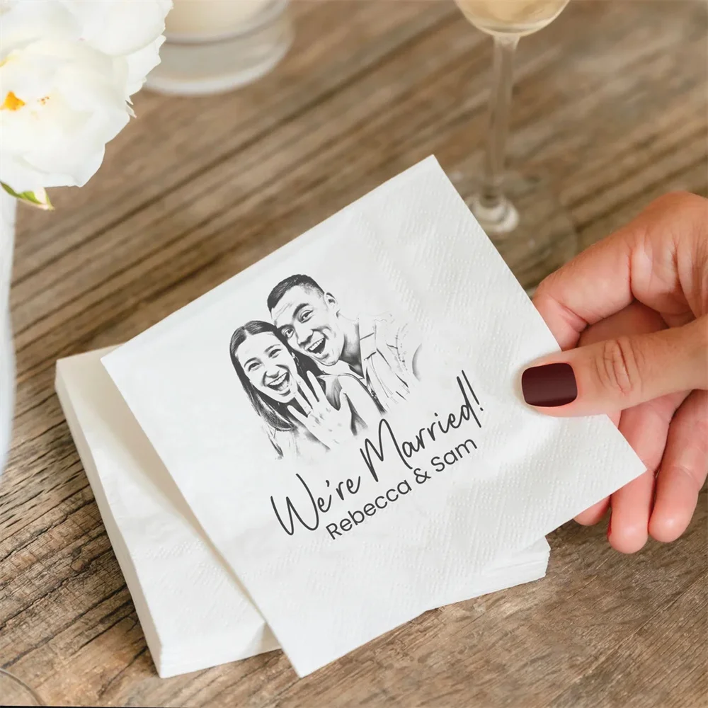 50PCS Personalized Sketched Wedding Cocktail Napkins, Elegant Gifts for Couple, Engagement Party, Custom Paper Cocktail Beverage