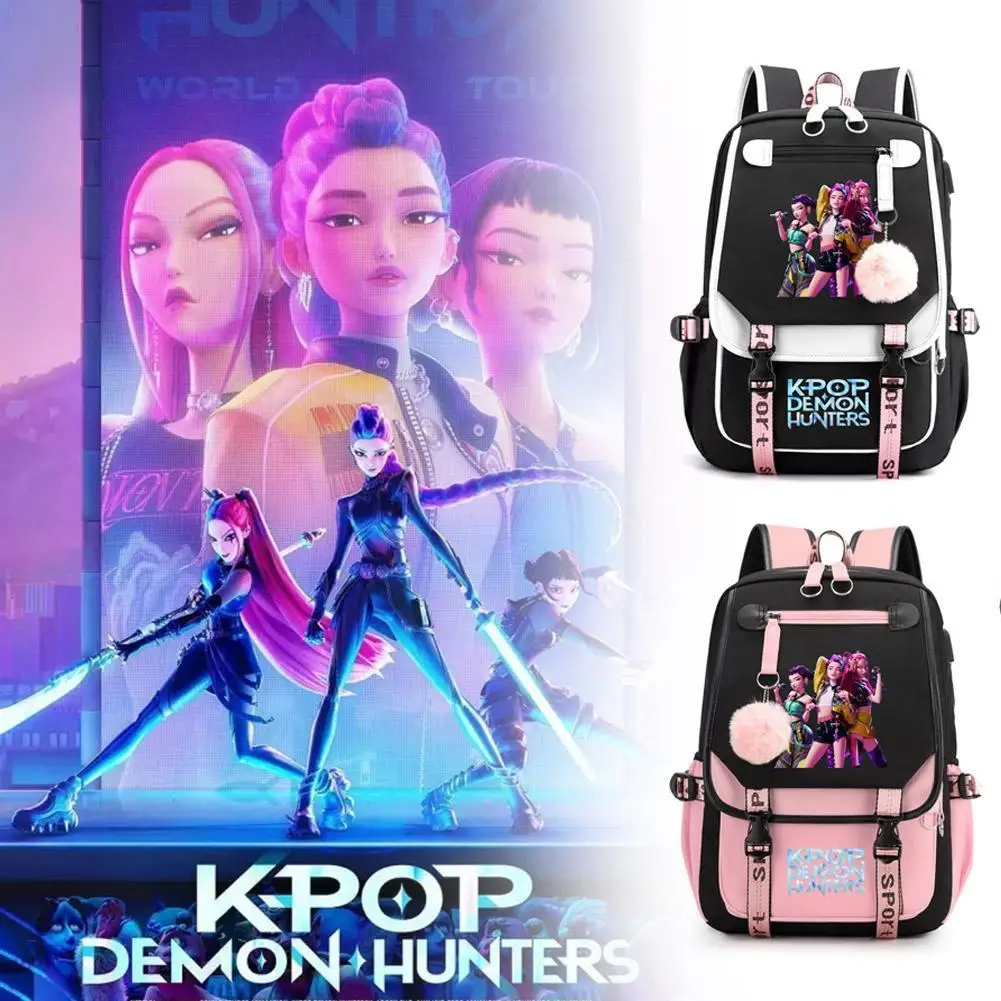 

KPop Demon Hunters Рюкзак для подростков Повседневный рюкзак Hot Movie Huntrix Demon Hunters 2025 Ноутбук Usb Port Сумка для девочек и мальчиков