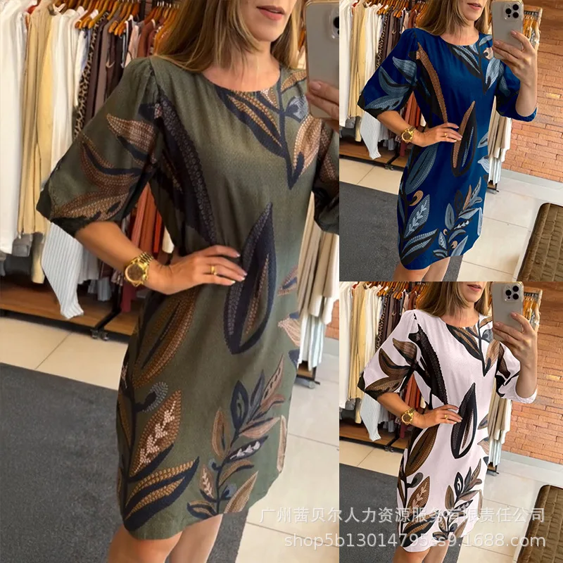 女性の夏のハイウエスト植物プリントラウンドネック半袖ミディドレスセクシーなドレス