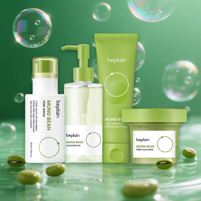 

Korean Skincare Set Beplain Mung Bean Face Cleansing Foam,Face Serum,Exfoliate Pore Remover Clay Mask and Cleansing Oil 4pcs Set