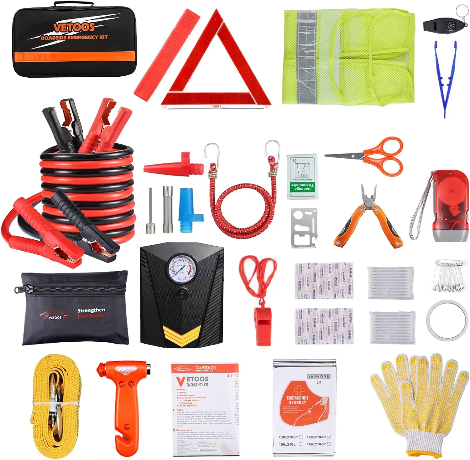 

Complete Car Emergency Kit with Jumper Cables, Air Compressor, Tow Rope & Multitool for All Seasons