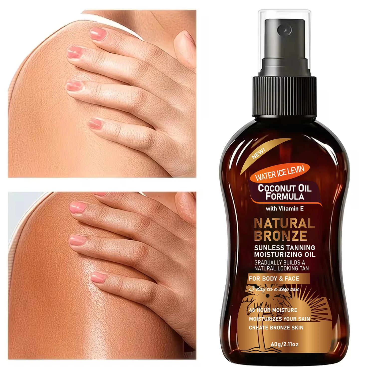 Sunless Tanning Moisturizing Oil 60g Water Ice Levin Coconut Oil Vitamin E For Face Body Gentle Natural Bronze Skin Care Product