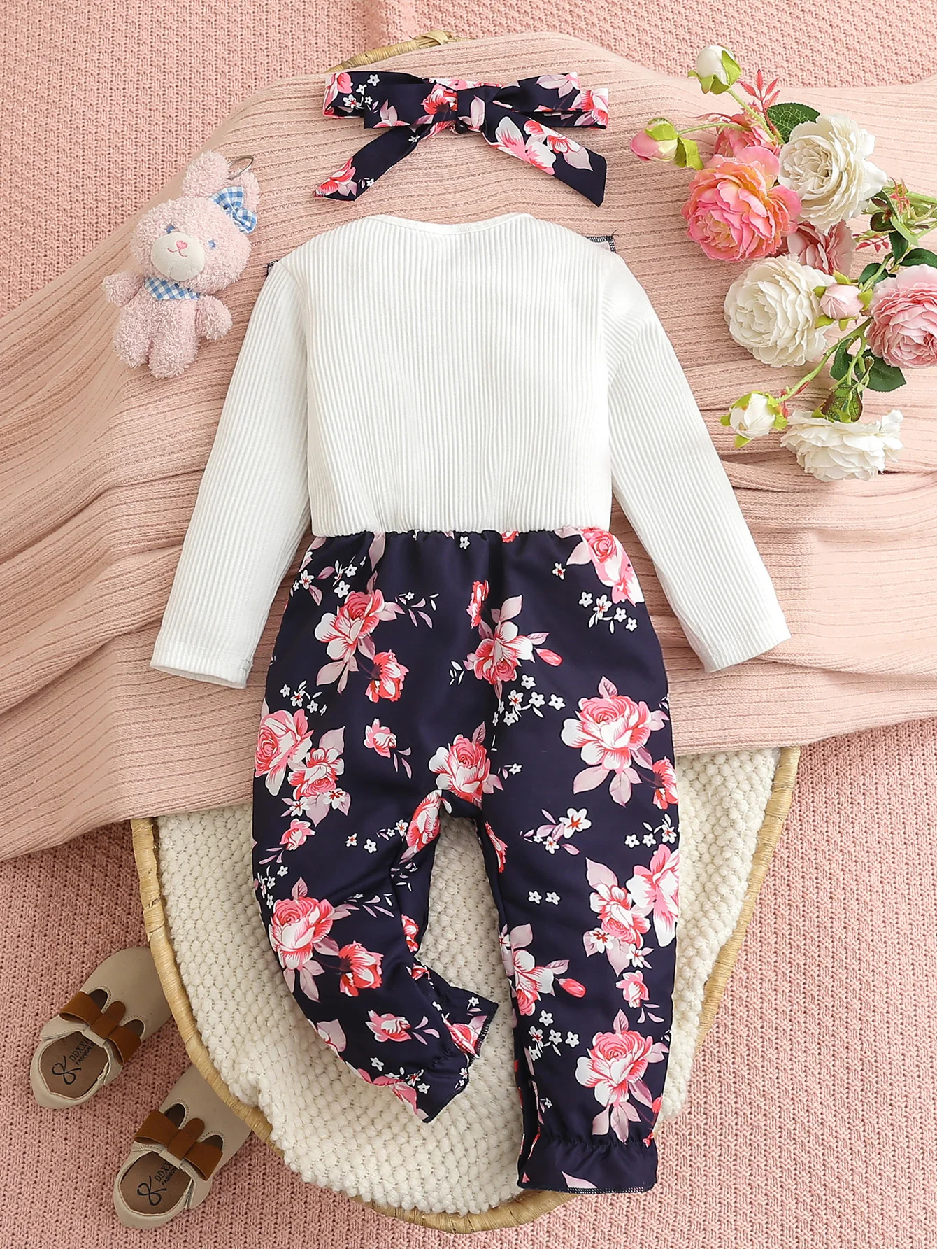 Spring Autumn New Style Baby Girl Romper Suit with Hairband Set Royal Blue Floral Print Onesie for Infants