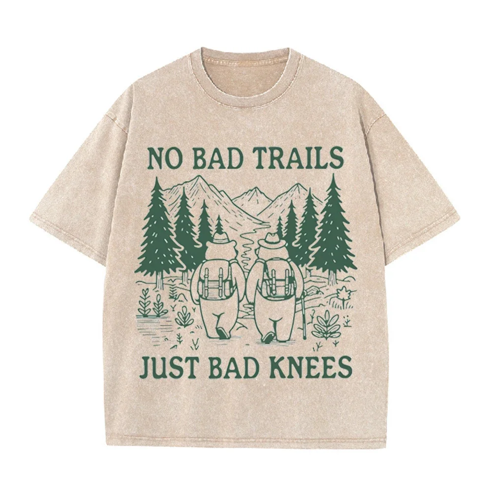 2026 Summer No Bad Trails Just Bad Knees Print T Shirt Funny Hiking Camping Nature Lover Casual Short Sleeve Outdoor Adventure M
