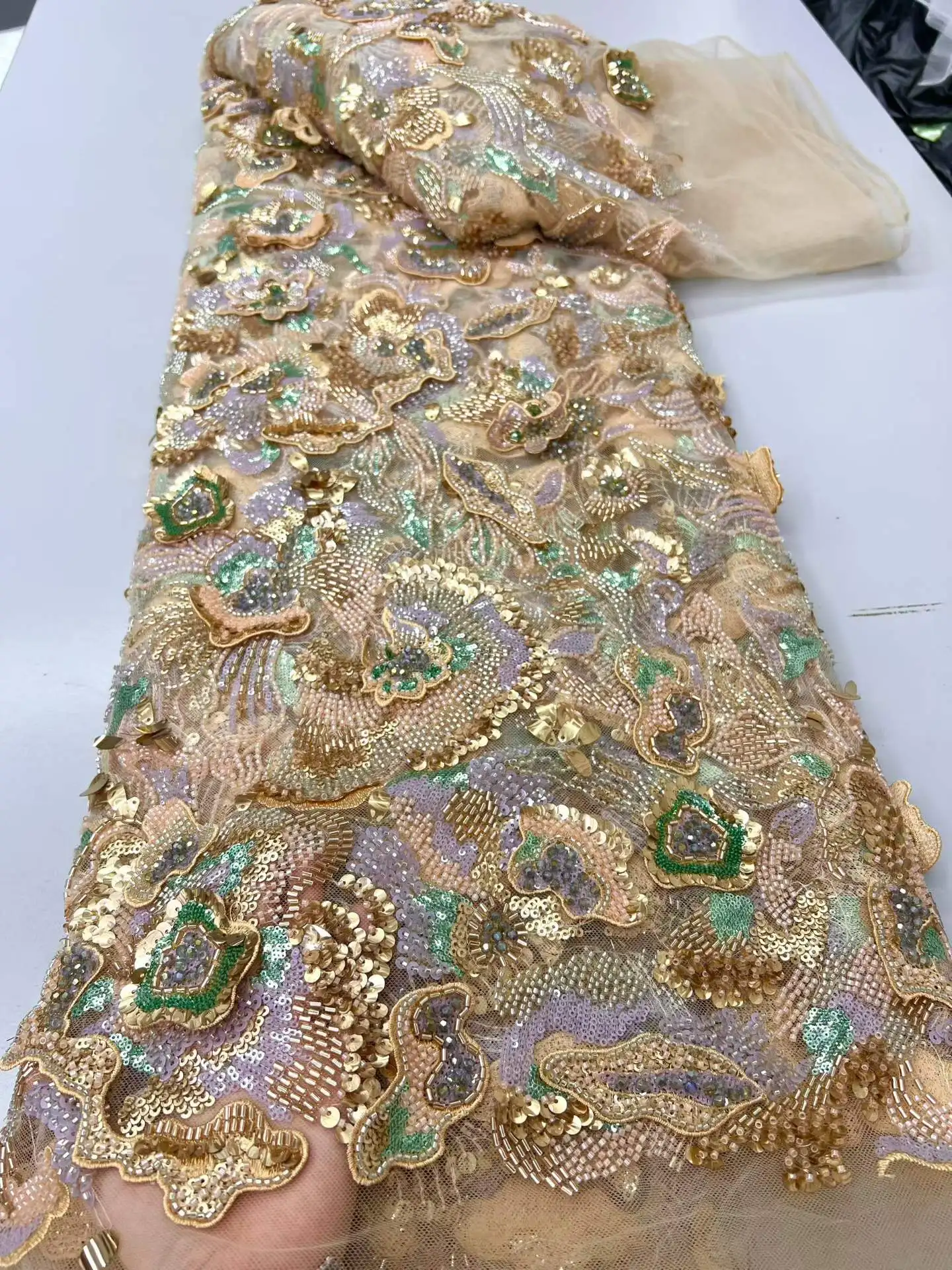 Luxury Handmade French African Crystal Stone Beads Sequin Lace Fabric High-Quality Nigerian Embroidery for Weddings