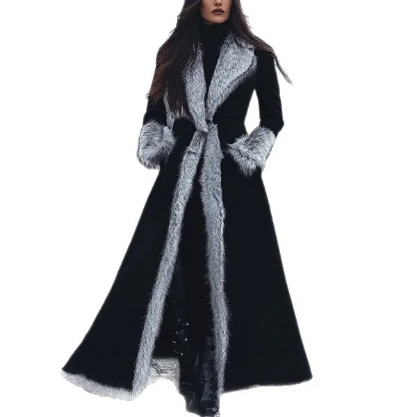 Women's Winter 2025 Women's Retro Black Ethnic Style Plush Finish Edge Suede Long Coat