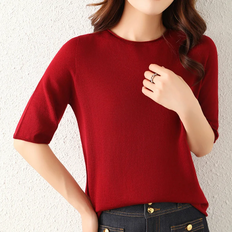QICHE Women 2026 Spring Summer Solid Color Short Sleeve T-shirt Pullover Rolled Crew Neck Seamless Knit Base Tank Top