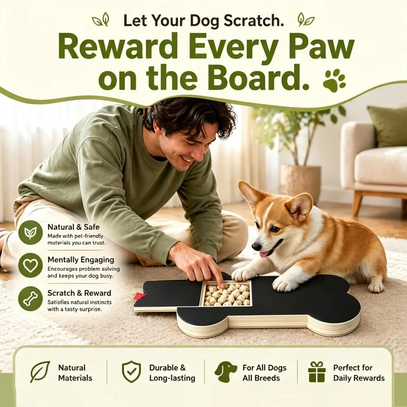 Dog Nail Scratch Board Pull Out Wooden Trim Pad Built In Treat Box Sandpaper Scratcher Puppy Claw Filing Paw Care Grooming Tool