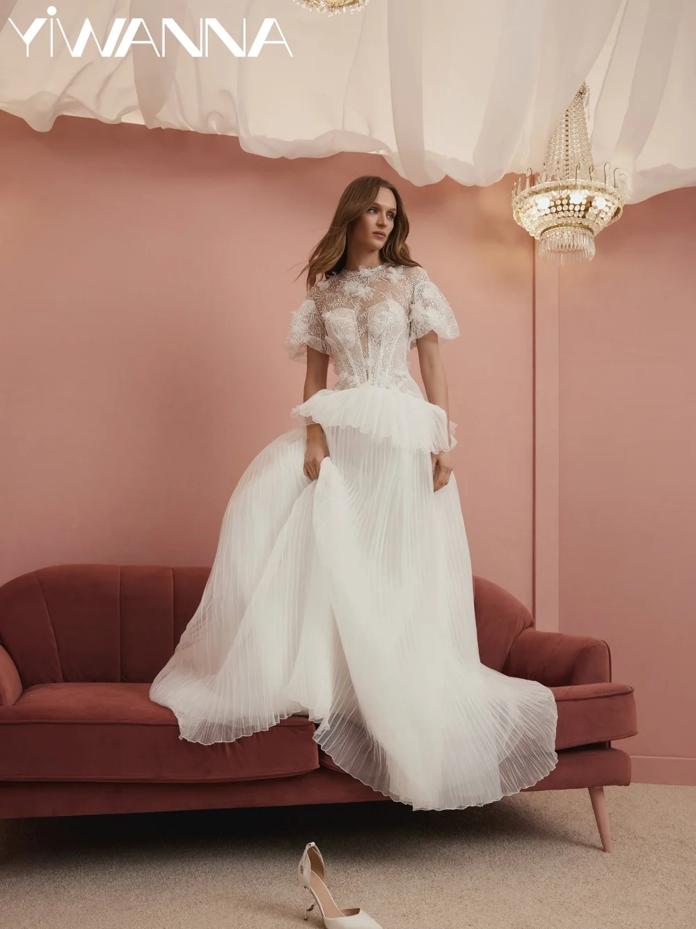 2026 Glitter Lace Puff Sleeve Wedding Dress Captivating 3D Floral Bridal Gown Customzied Pleated A-line Long Dresses For Bride