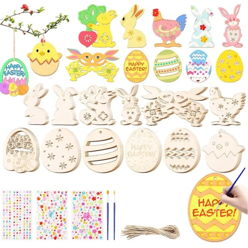 16/24/32pcs Fun Handmade Crafts Easter Pendant DIY Painting Hanging Wood Pendant Easter Egg Pendant Holiday Decoration