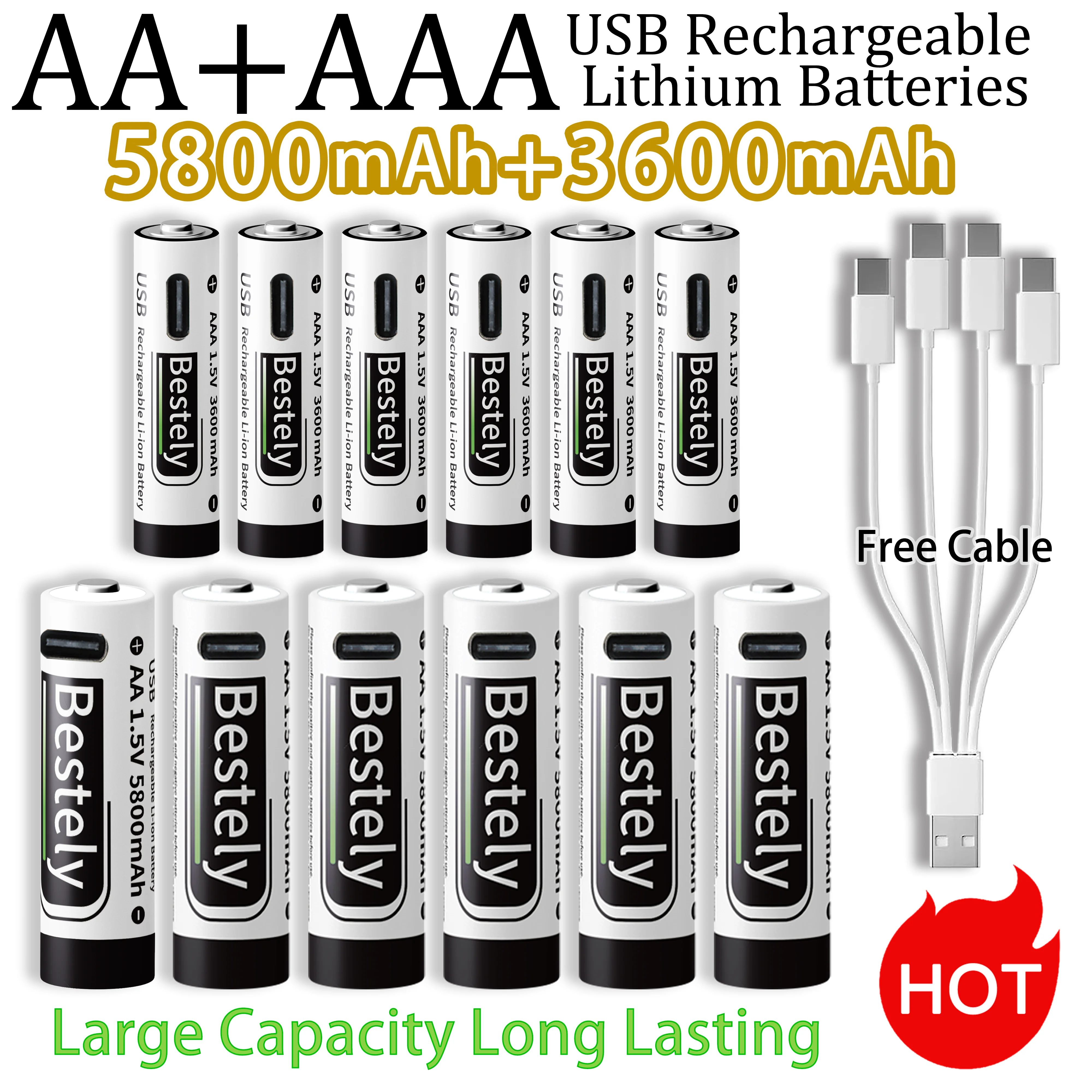 New 1.5V AA 5800mAh+AAA 3600mAh Rechargeable Lithium Ion Battery Long Lasting Li-ion Batteries 2000 Cycles with Free USB-C Cable