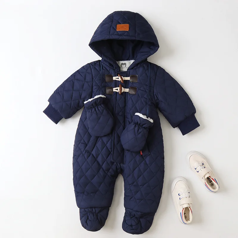 Warm Fleece Hooded Baby Romper Horn Button Infant Jumpsuits 2024 Winter New Baby Girl Boy Clothing Onesie with Gloves 0-2 year