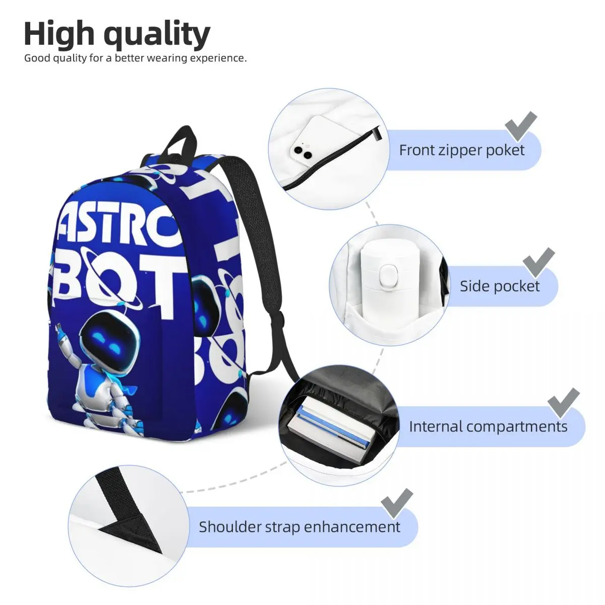 Astrobot Astros Playroom Mochila informal con bolsillo Estudiante Senderismo Viajes Videojuego Mochila para hombres Mujeres Bolso de hombro universitario