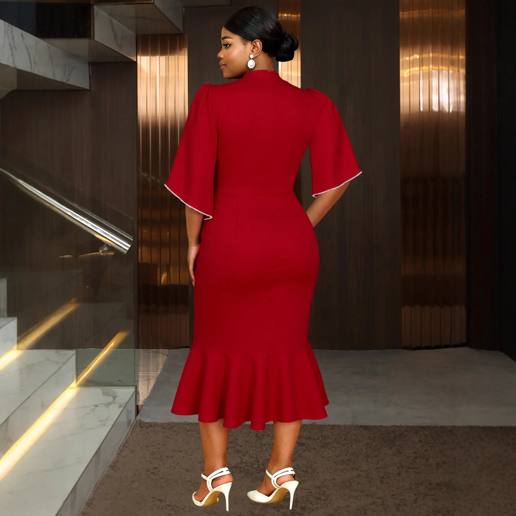 QMANSHA Übergröße Damen Burgunderrotes 3D-Blumenmuster Rundhals Mittellange Ärmel Tailliertes Meerjungfrauenkleid Abendkleid